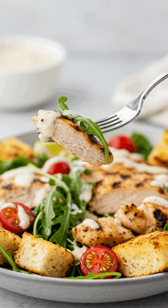 A forkful of the finished Grilled Chicken Salad with all its components.