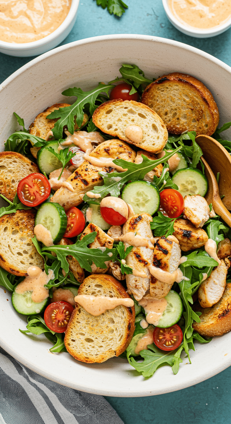 A large bowl of homemade, healthy Grilled Chicken Salad with a gazpacho dressing.