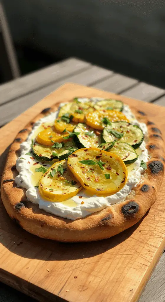 A homemade, gourmet Grilled Flatbread with ricotta and summer squash.