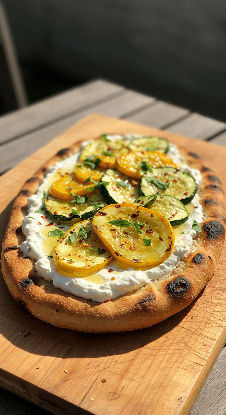 A homemade, gourmet Grilled Flatbread with ricotta and summer squash.