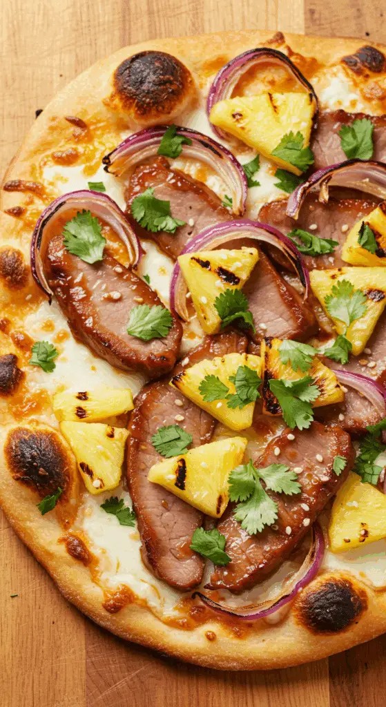 A homemade Hawaiian-inspired Grilled Flatbread with Pork and Pineapple.
