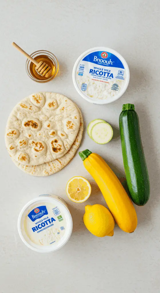 Fresh ingredients for the Grilled Flatbread with Ricotta and Squash.
