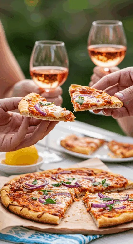 Two people holding slices of the finished Grilled Flatbread at a party.