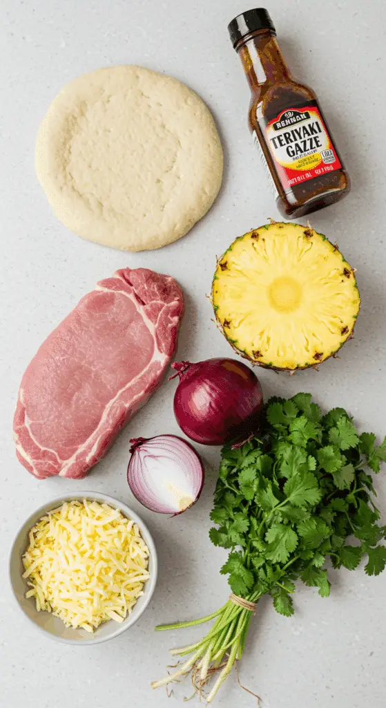 Fresh ingredients for the Grilled Flatbread with Pork and Pineapple.