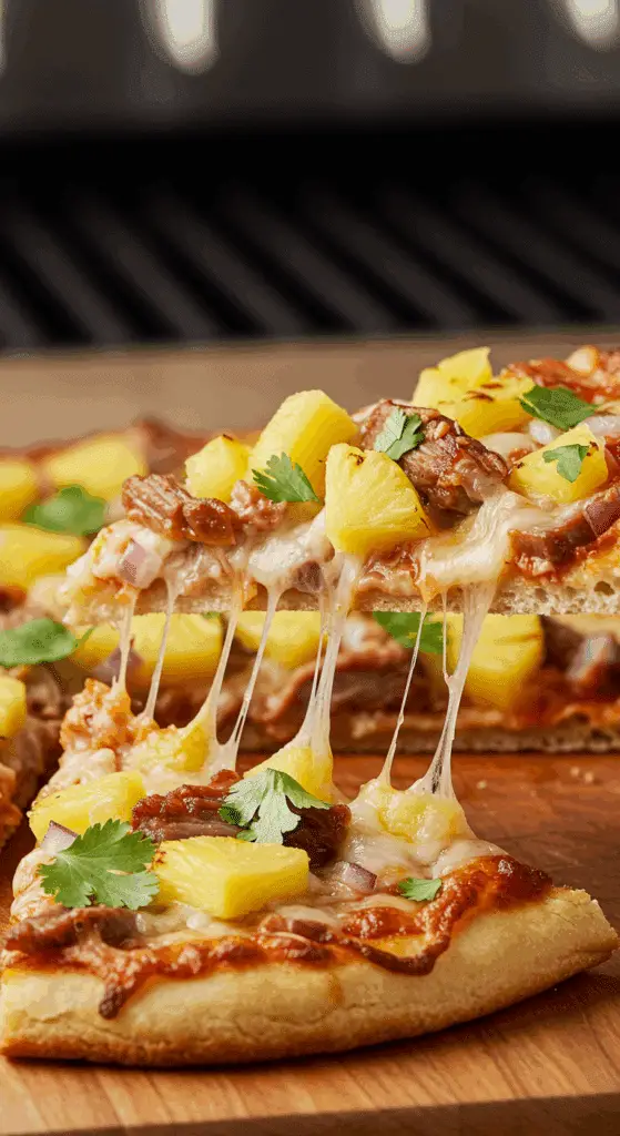 A slice of the delicious Grilled Flatbread with Pork and Pineapple being served.
