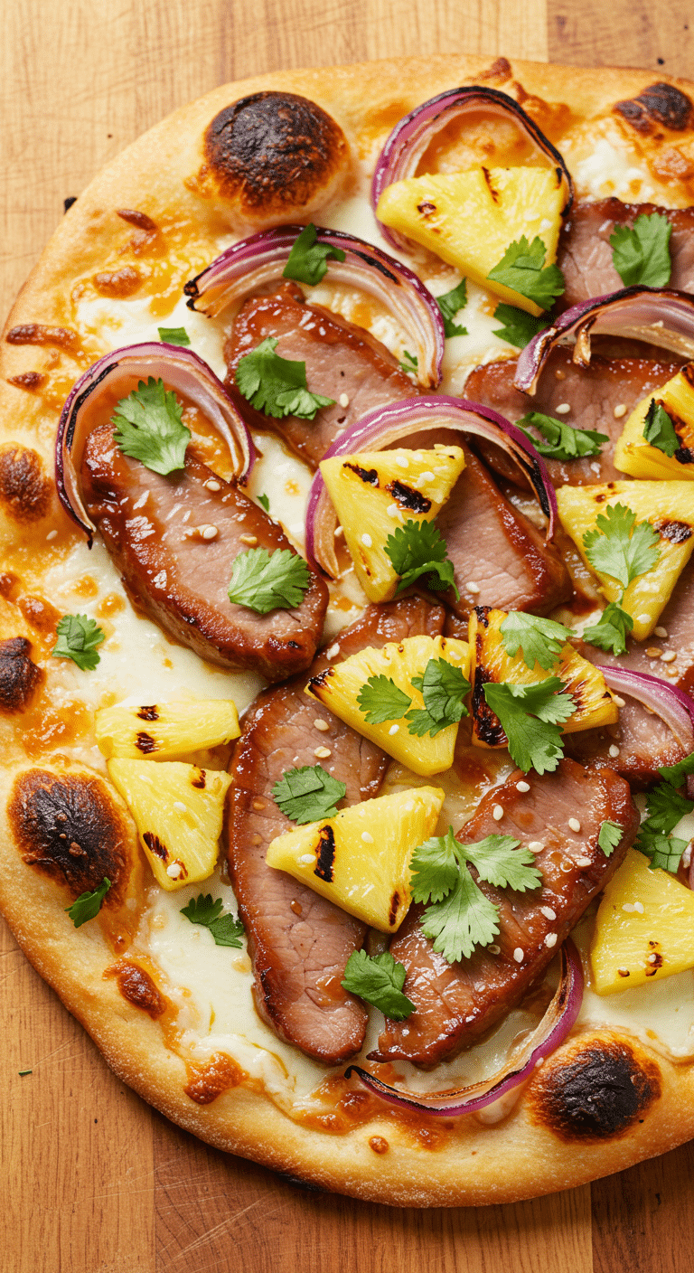 A homemade Hawaiian-inspired Grilled Flatbread with Pork and Pineapple.