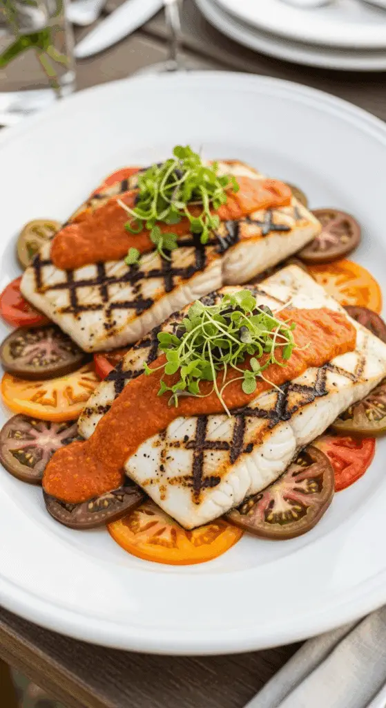 A platter of perfectly cooked Grilled Halibut with Charred Tomato Vinaigrette.