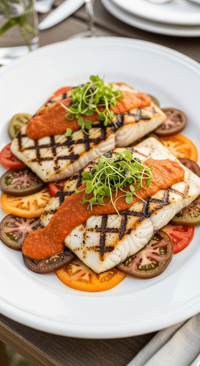 A platter of perfectly cooked Grilled Halibut with Charred Tomato Vinaigrette.