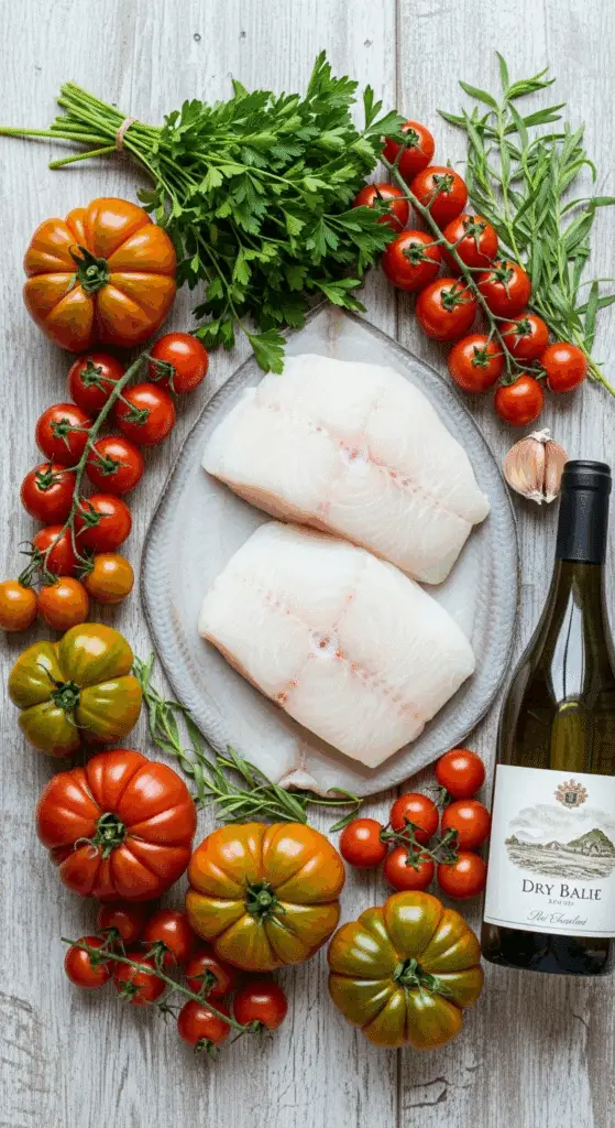 Fresh ingredients for the Grilled Halibut with Charred Tomato Vinaigrette.