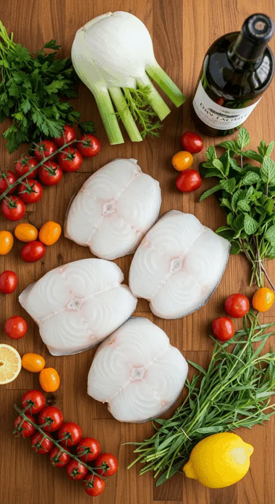 Fresh ingredients for the Grilled Halibut with tomato-butter sauce.