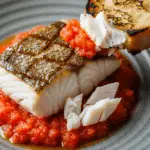 A serving of the Tomato Butter Grilled Halibut with a piece of grilled bread.