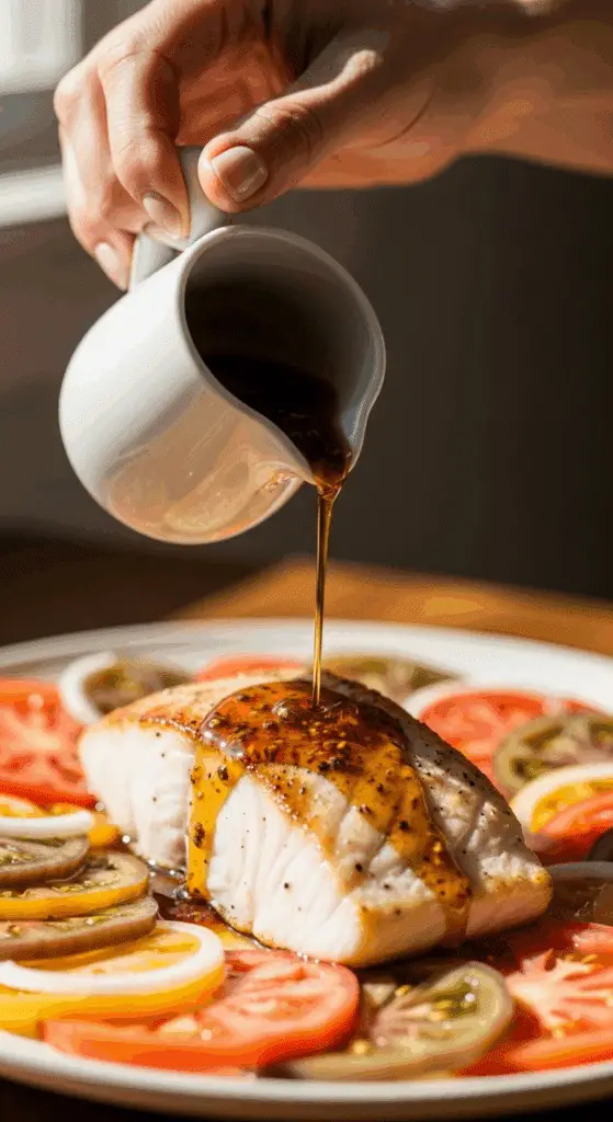 Pouring the warm Charred Tomato Vinaigrette over the finished Grilled Halibut.