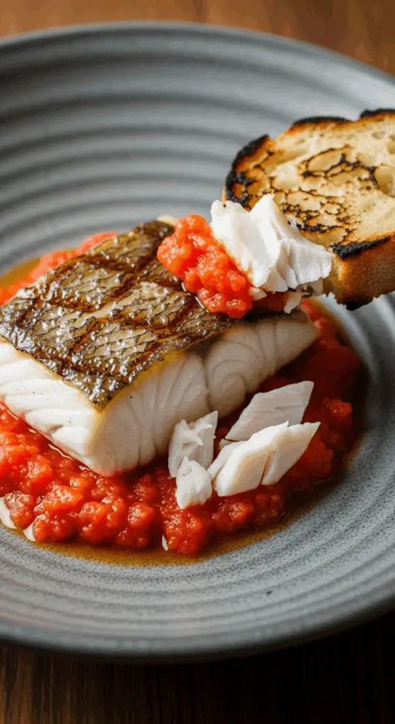 A serving of the Tomato Butter Grilled Halibut with a piece of grilled bread.