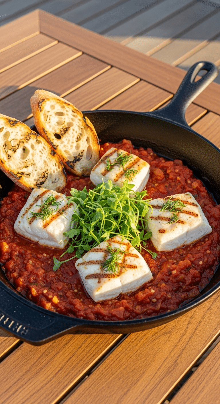A skillet of finished, grill-poached Tomato Butter Grilled Halibut.