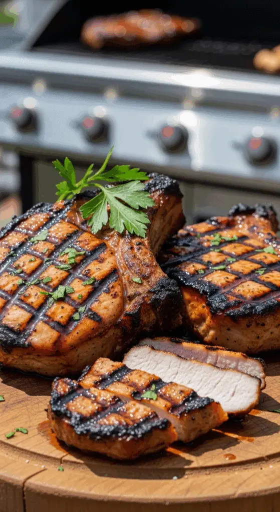 Two juicy, perfectly cooked Grilled Pork Chops on a cutting board.