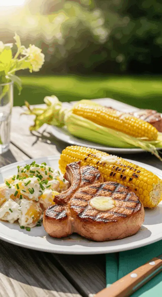 A plated meal of a grilled pork chop with potato salad and corn on the cob.