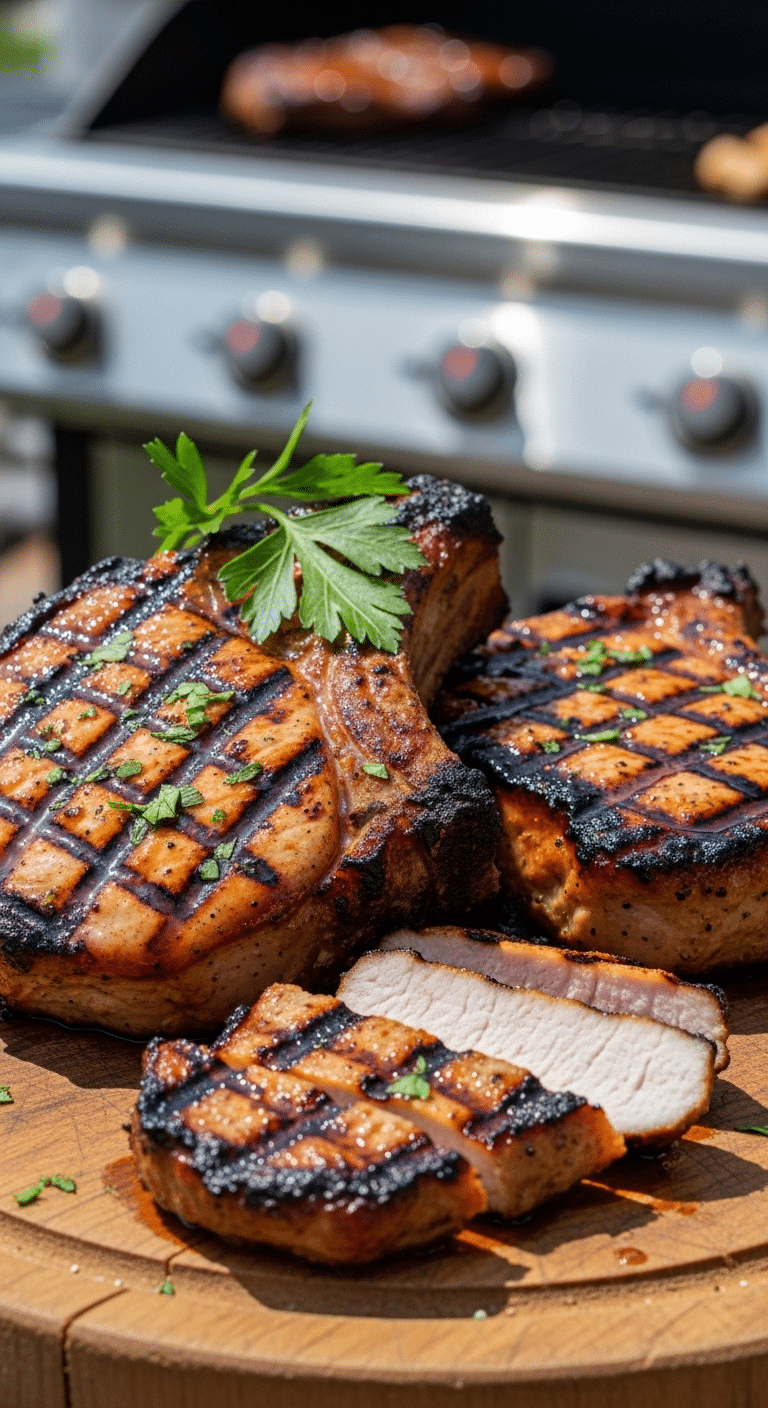 Two juicy, perfectly cooked Grilled Pork Chops on a cutting board.