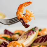 A forkful of the finished Grilled Radicchio and Shrimp Salad.