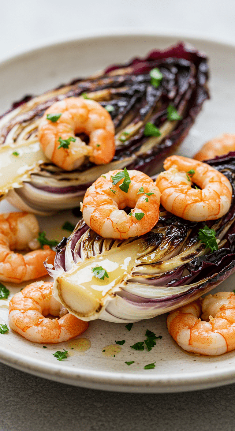 A plated meal of homemade Grilled Radicchio and Shrimp Salad.