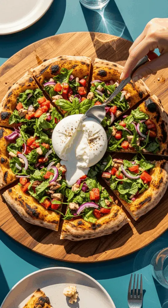 A finished, homemade Grilled Salad Pizza topped with a fresh chopped salad and burrata.