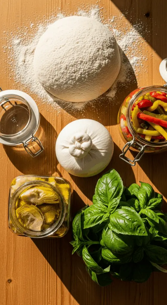 Fresh ingredients for the Grilled Salad Pizza, including burrata and giardiniera.