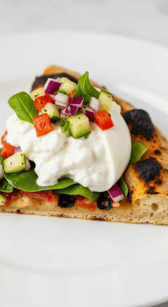 A perfect slice of the finished Grilled Salad Pizza with burrata.