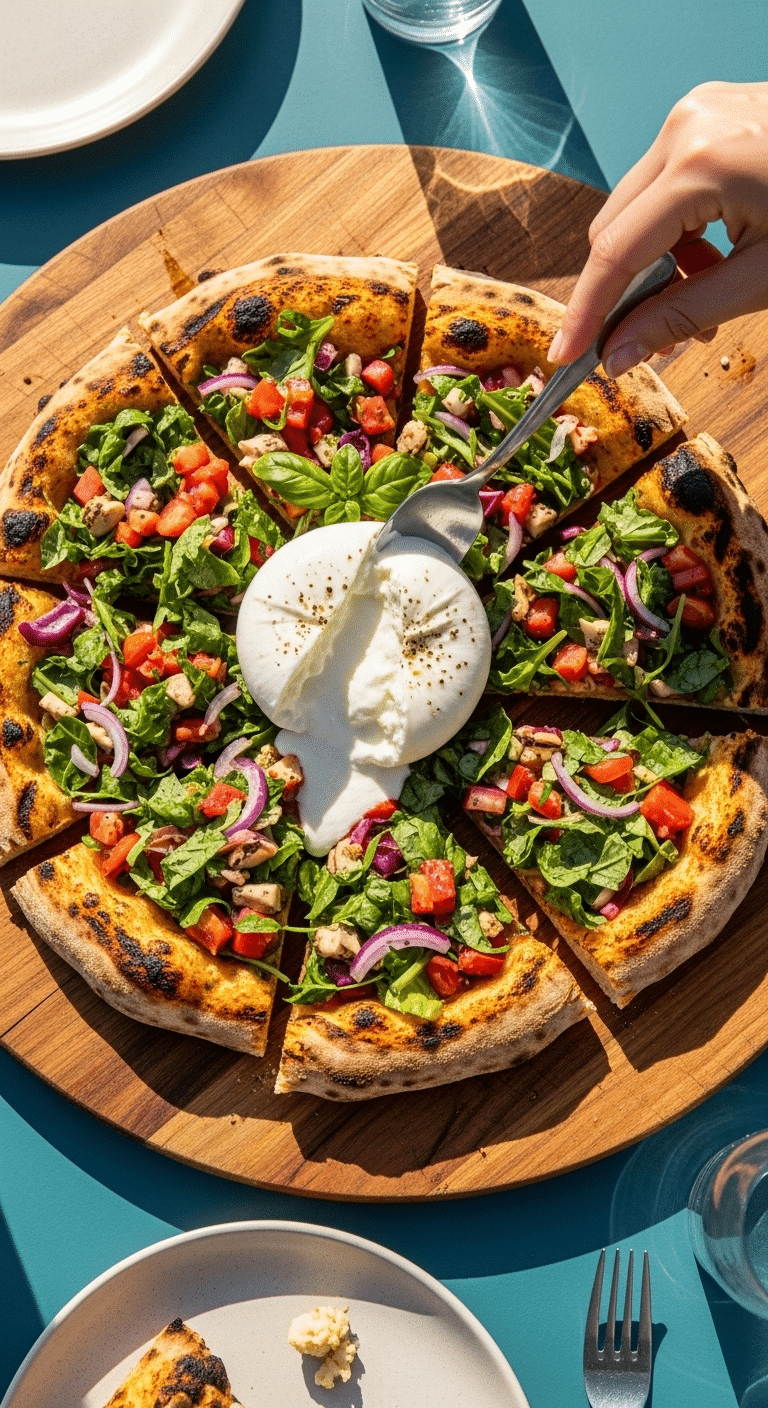 A finished, homemade Grilled Salad Pizza topped with a fresh chopped salad and burrata.