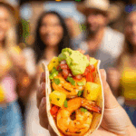 A hand holding a finished Grilled Shrimp and Pineapple Fajita.