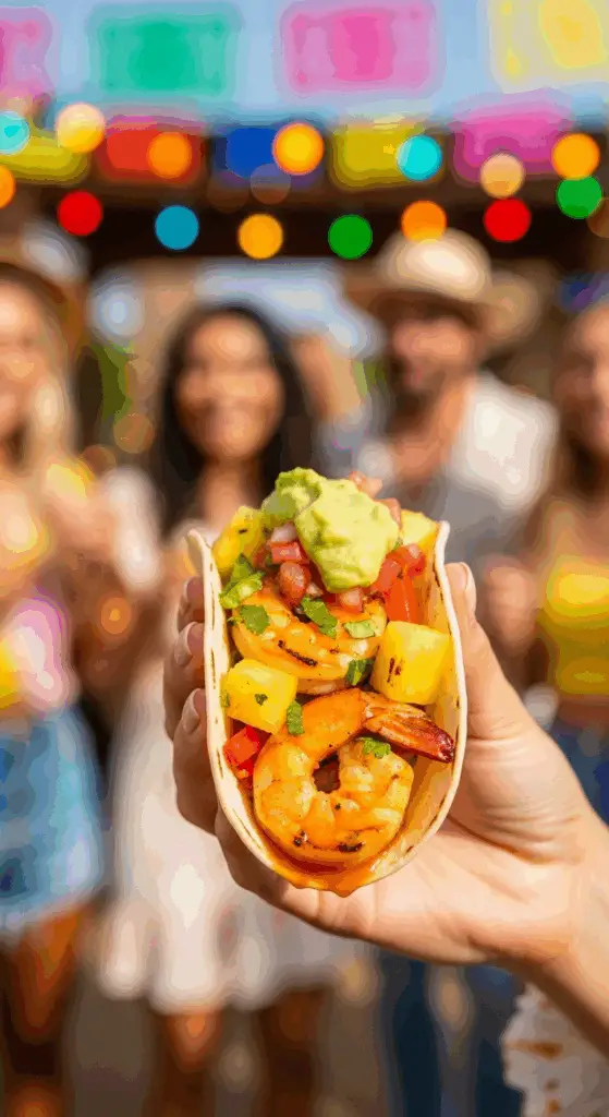 A hand holding a finished Grilled Shrimp and Pineapple Fajita.