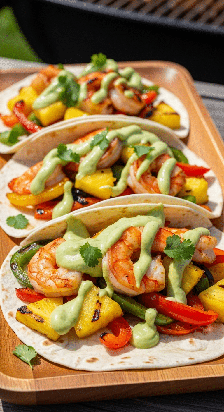Three homemade Grilled Shrimp and Pineapple Fajitas on a platter.