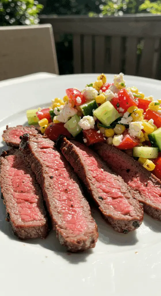 A plated meal of homemade Grilled Steak with a fresh Greek Corn Salad.
