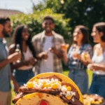 A hand holding a finished Grilled Steak Elote Taco at a party.