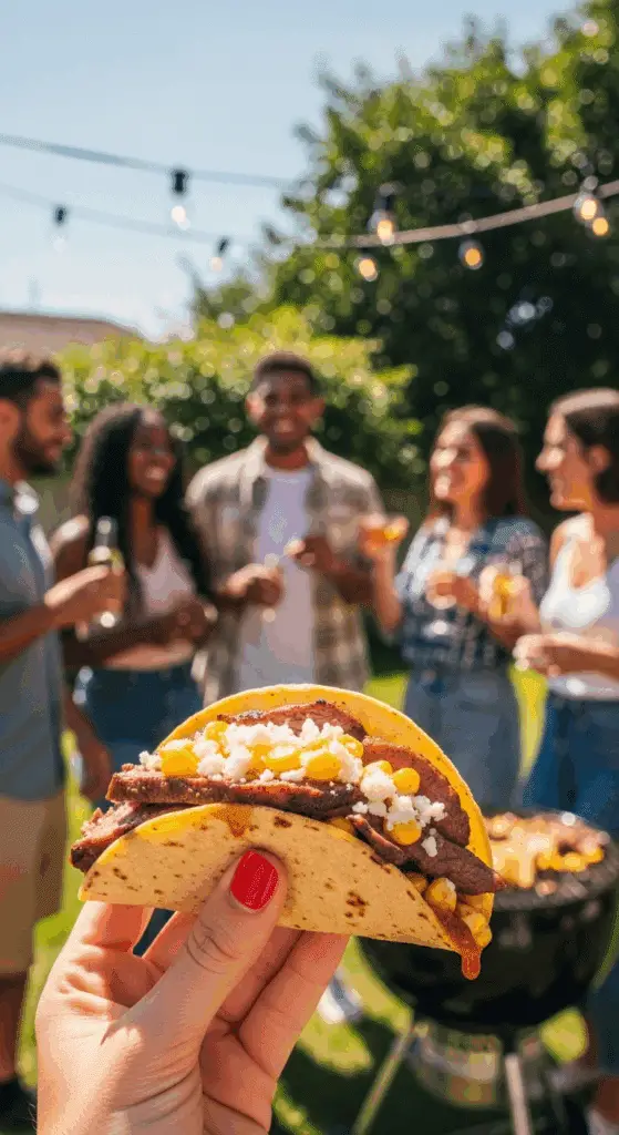 A hand holding a finished Grilled Steak Elote Taco at a party.