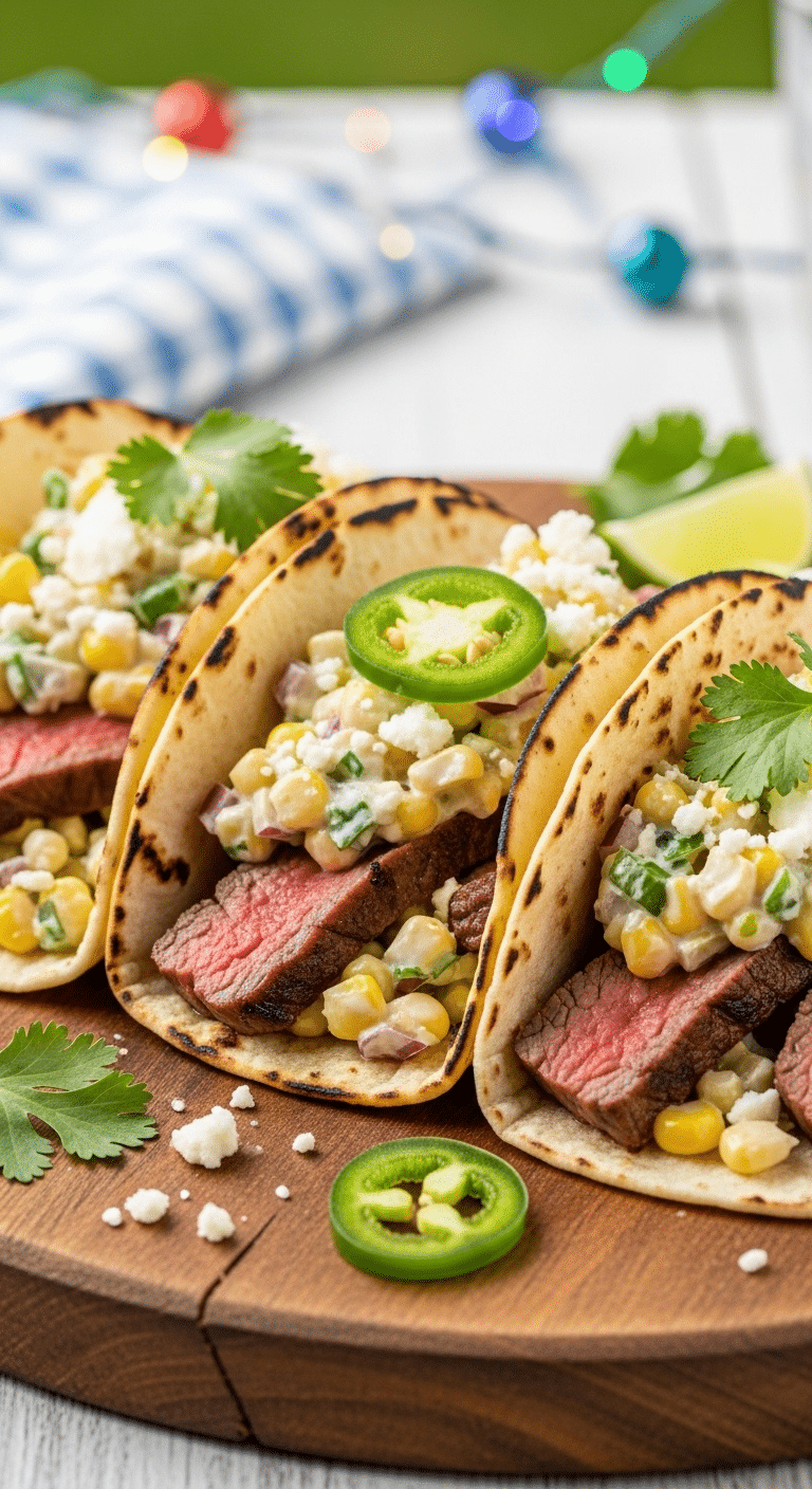 Three delicious homemade Grilled Steak Elote Tacos on a platter.
