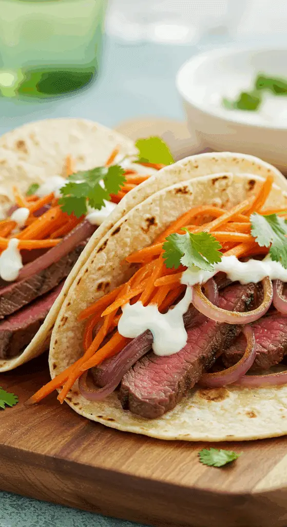 Two fresh and colorful Grilled Steak Tacos with Carrot Pepper Slaw on a wooden board.