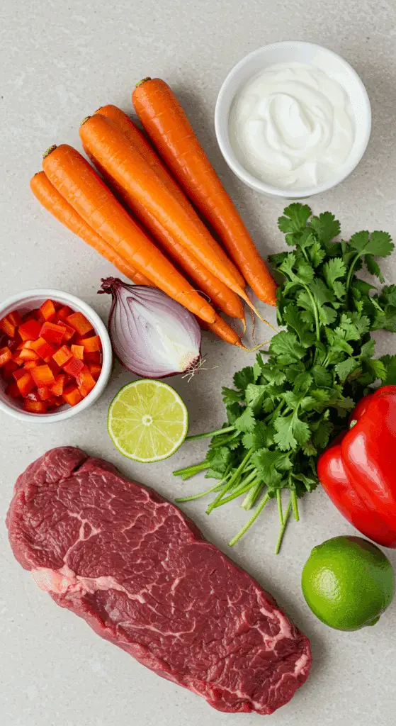 The fresh, colorful ingredients for Grilled Steak Tacos with Carrot Pepper Slaw