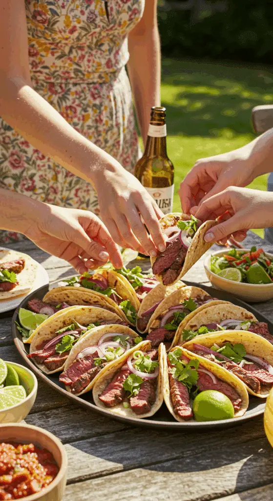 A platter of Grilled Steak Tacos being shared at a summer barbecue.