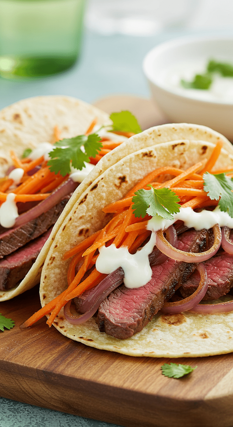 Two fresh and colorful Grilled Steak Tacos with Carrot Pepper Slaw on a wooden board.