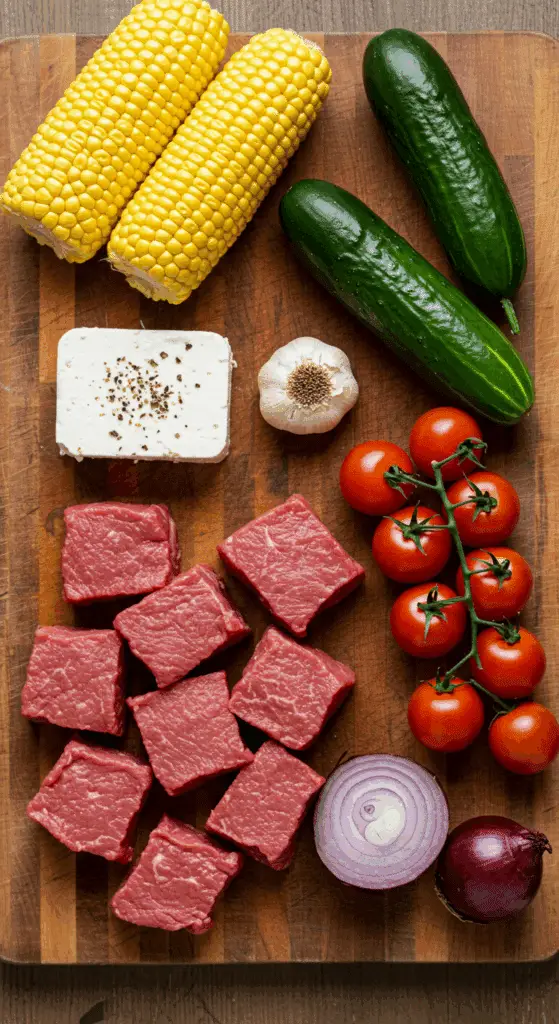 Fresh ingredients for the Grilled Steak and Greek Corn Salad.