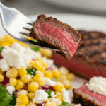 A forkful of the finished Grilled Steak and Greek Corn Salad.
