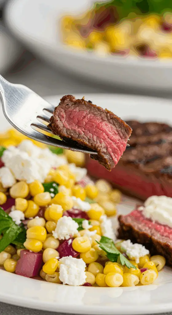 A forkful of the finished Grilled Steak and Greek Corn Salad.