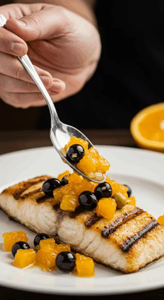 Spooning the fresh orange and olive salsa over the finished Grilled Striped Bass.