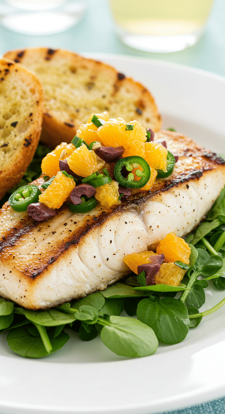 A plated meal of homemade Grilled Striped Bass with a fresh orange salsa.