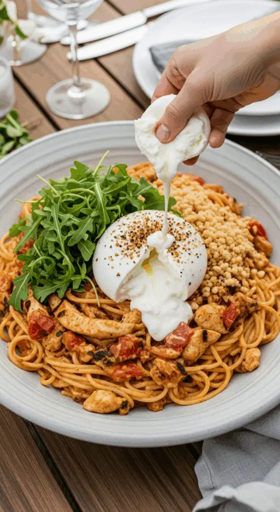 A large serving bowl of homemade Grilled Tomato Pasta with Chicken and Burrata.