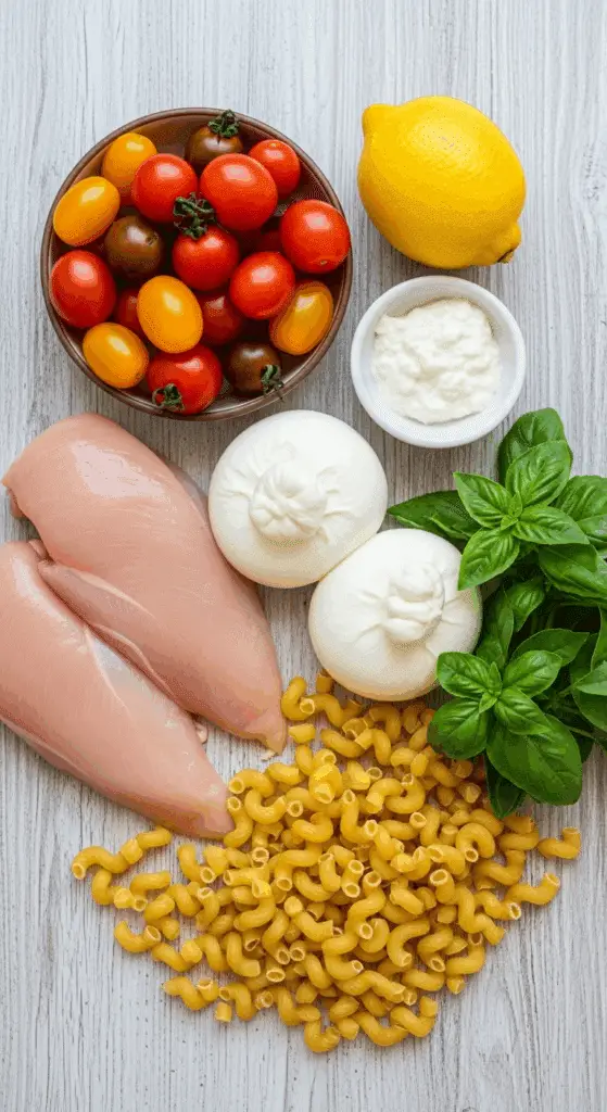 Fresh ingredients for the Grilled Tomato Pasta with Burrata.