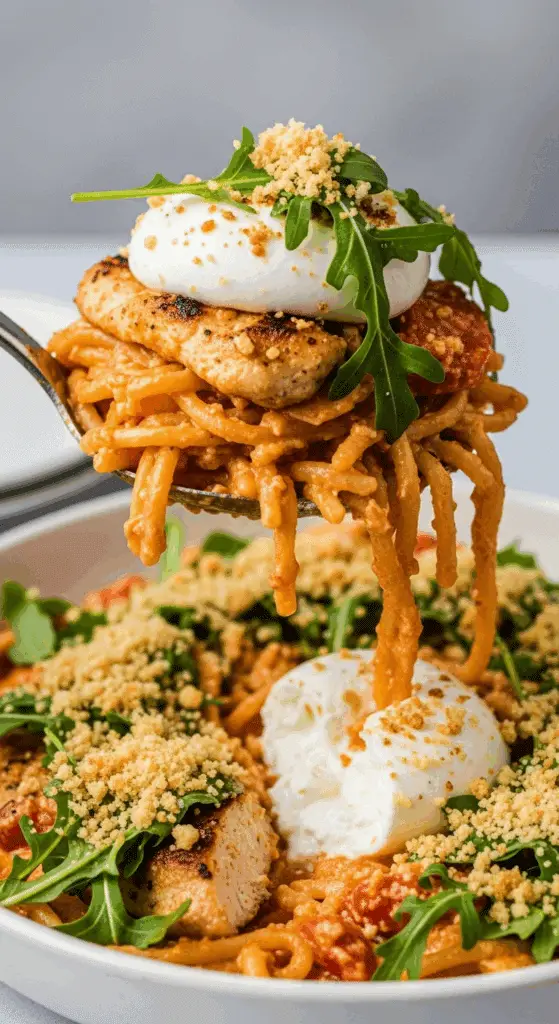 A spoonful of the finished Grilled Tomato Pasta with all its components.