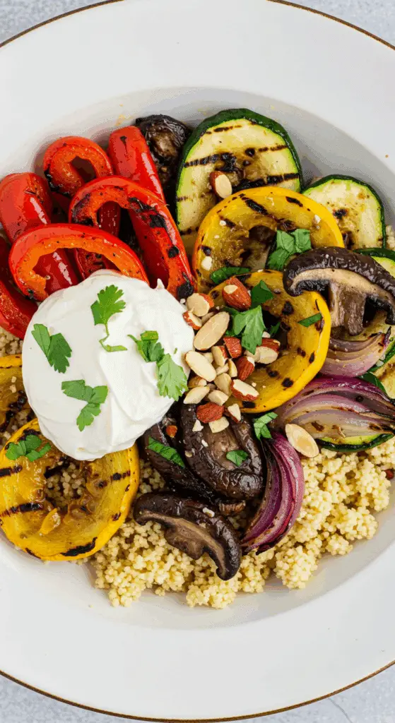 A healthy and colorful, finished Grilled Vegetable Bowl with yogurt sauce.