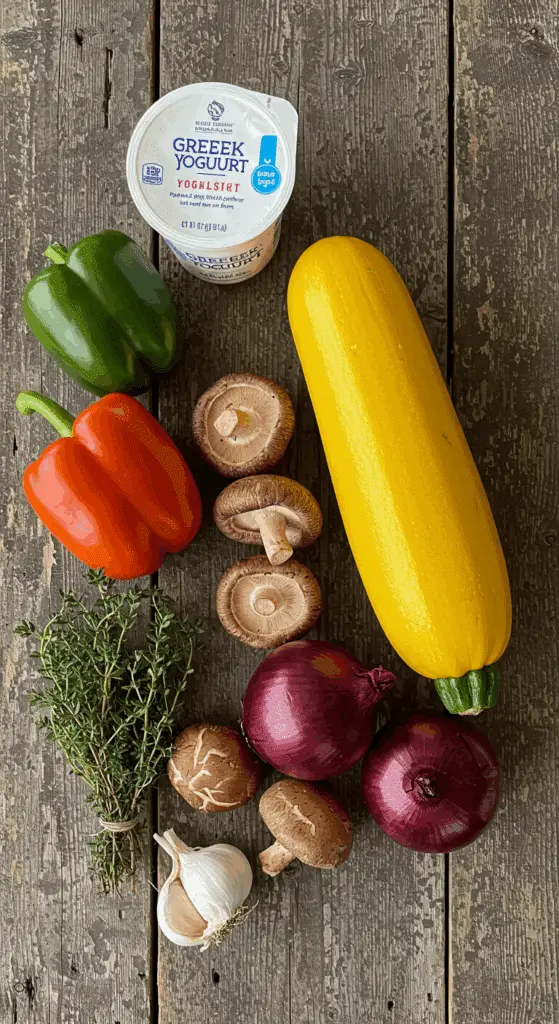 Fresh vegetables and yogurt for the Grilled Vegetable Bowl recipe.