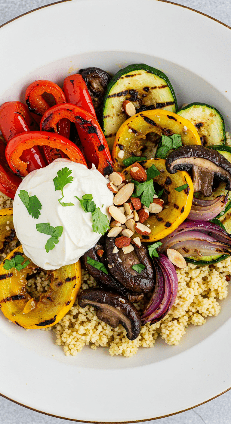 A healthy and colorful, finished Grilled Vegetable Bowl with yogurt sauce.