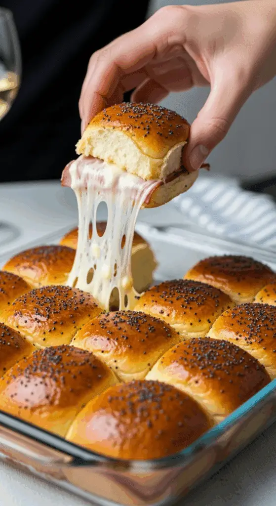 A hand pulling a gooey, cheesy Ham and Cheese Slider from a baking dish.
